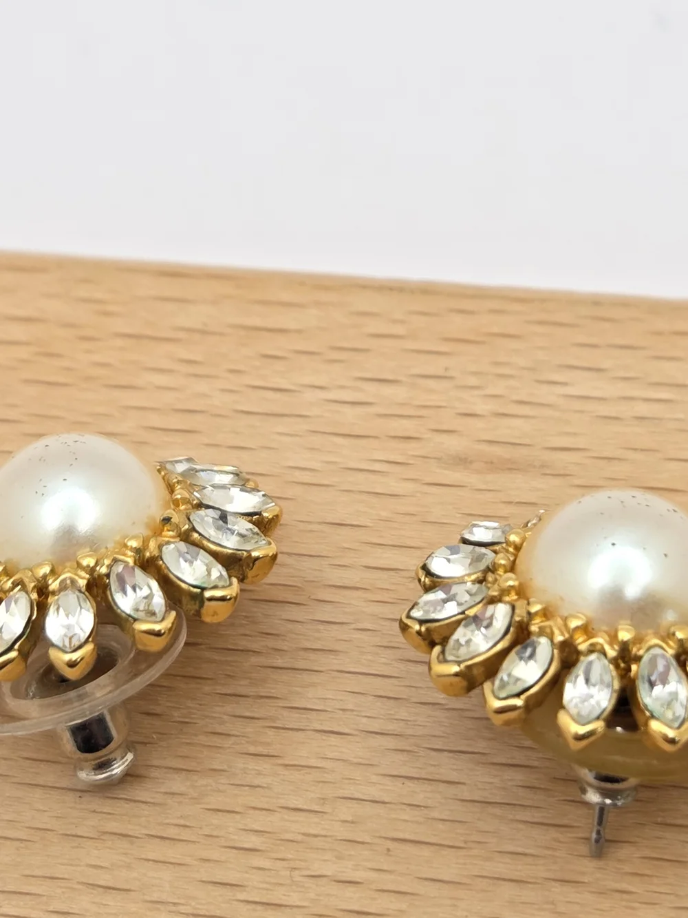 Vintage Monet Faux Pearl & Rhinestone Sunburst Stud Earrings | Gold Tone Pierced